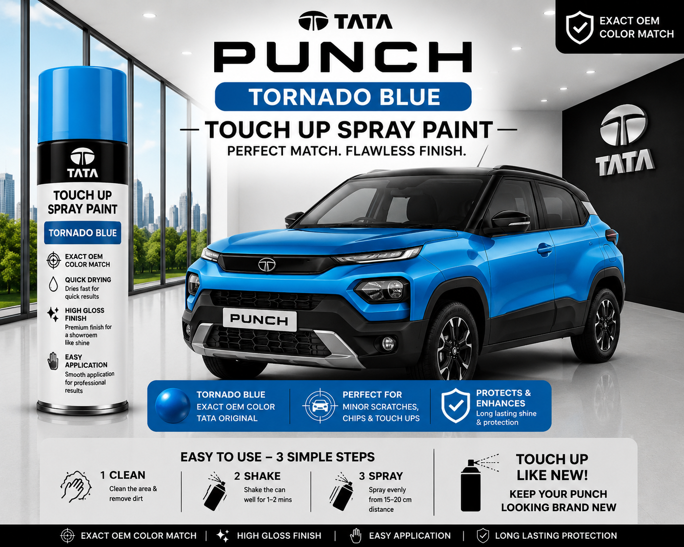 Tata Punch Tornado Blue Touch Up Spray Paint – OEM Color Match