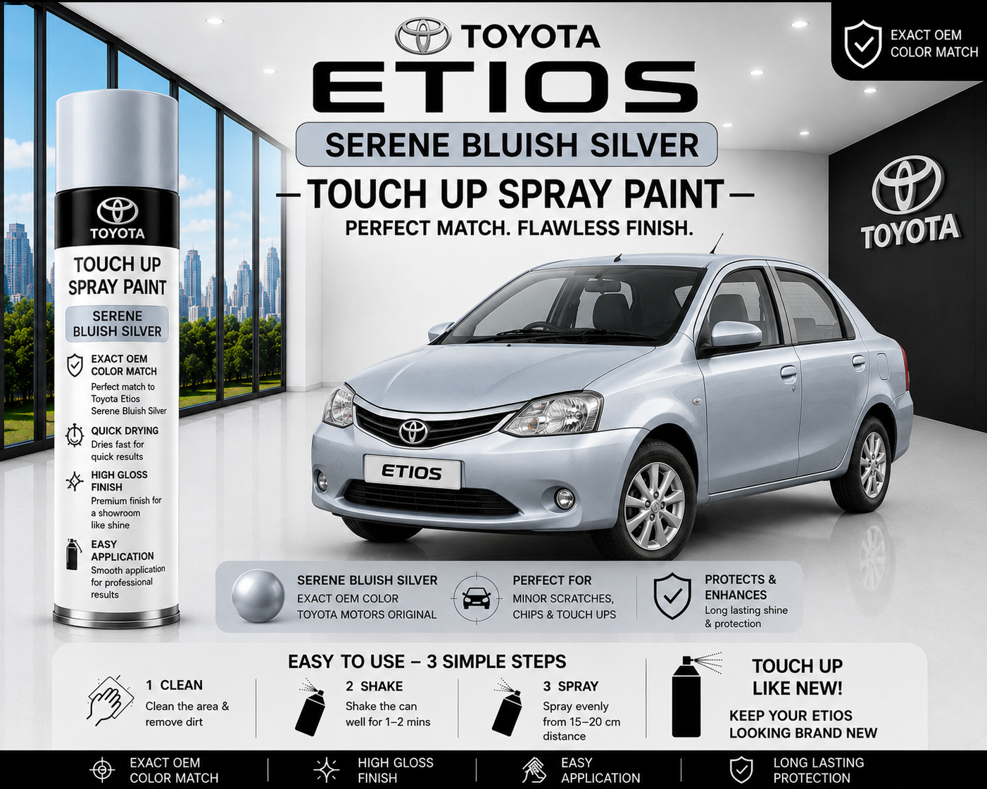 Toyota Etios Serene Bluish Silver Touch Up Spray Paint – OEM Color Match | LIHA Aerosols 500ml