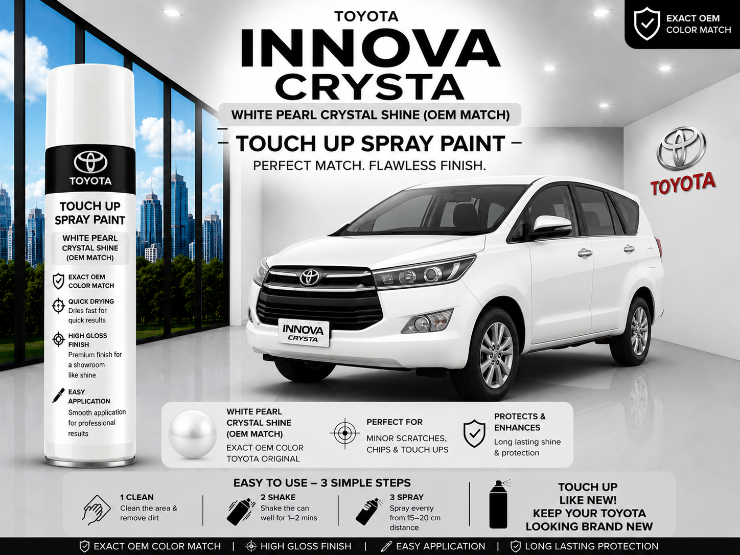Toyota Innova Crysta White Pearl Crystal Shine Touch Up Spray Paint – OEM Color Match | LIHA Aerosols 500ml