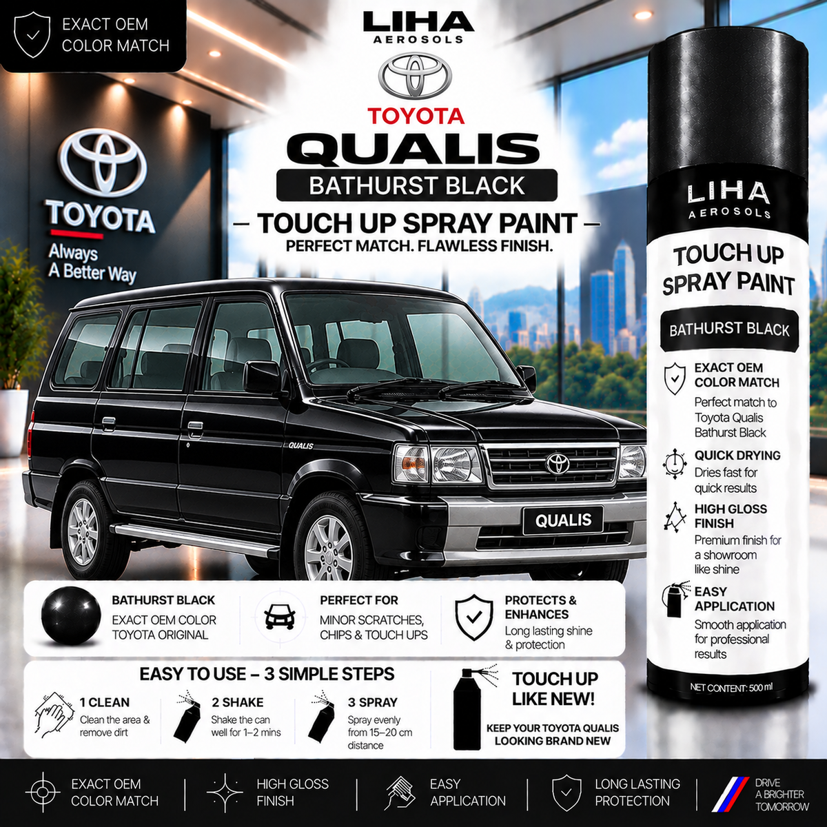 Toyota Qualis Bathurst Black Touch Up Spray Paint – OEM Color Match | LIHA Aerosols 500ml
