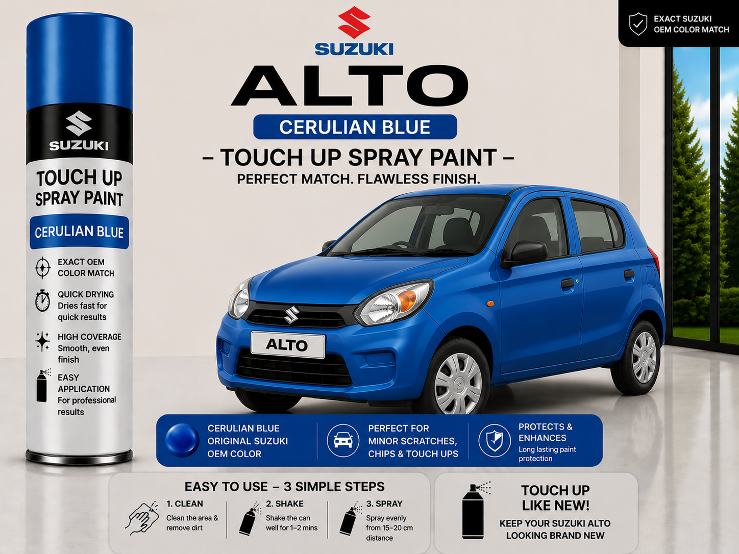 Maruti Suzuki Alto Cerulean Blue Touch Up Spray Paint – OEM Color Match | LIHA Aerosols 500ml