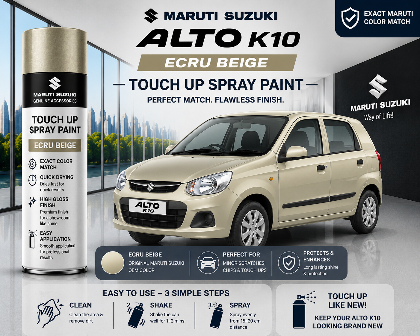 Maruti Suzuki Alto K10 Ecru Beige Touch Up Spray Paint | OEM Automotive Aerosol Paint for Scratch Repair