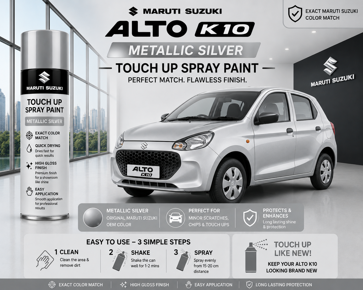 Maruti Suzuki Alto K10 Metallic Silver Touch Up Spray Paint – OEM Color Match