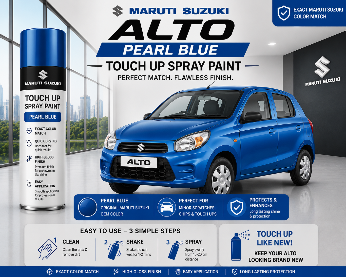 Maruti Suzuki Alto K10 Pearl Blue Touch Up Spray Paint | OEM Automotive Aerosol Paint for Scratch Repair