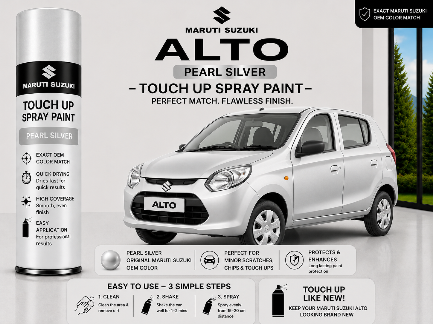 Maruti Suzuki Alto Pearl Silver Touch Up Spray Paint – OEM Color Match | LIHA Aerosols 500ml
