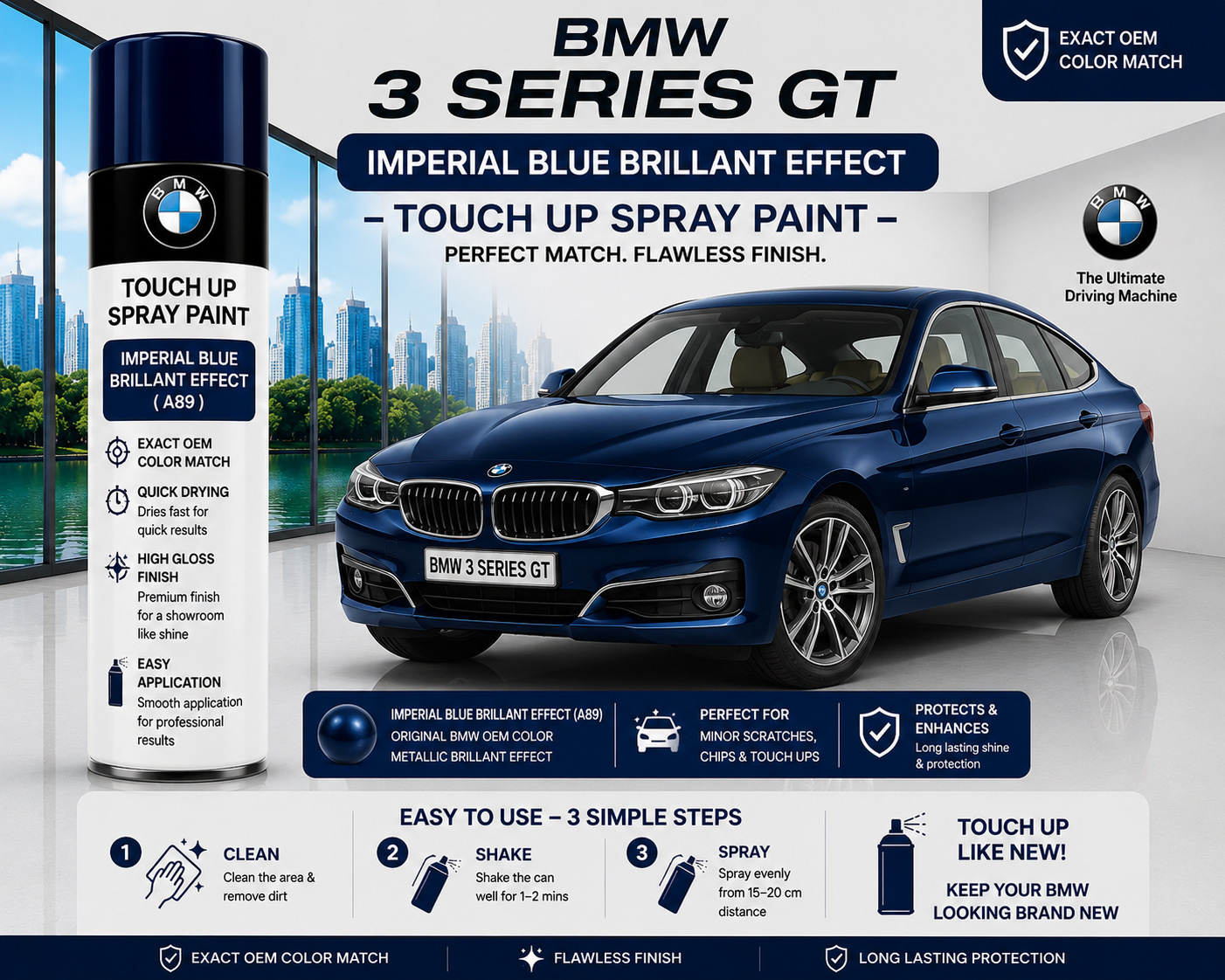 BMW 3 Series GT Imperial Blue Brilliant Effect Touch Up Spray Paint | OEM Automotive Aerosol Paint for Scratch Repair