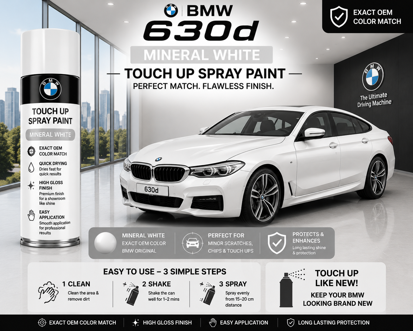 BMW 630d GT Mineral White Touch Up Spray Paint – OEM Color Match
