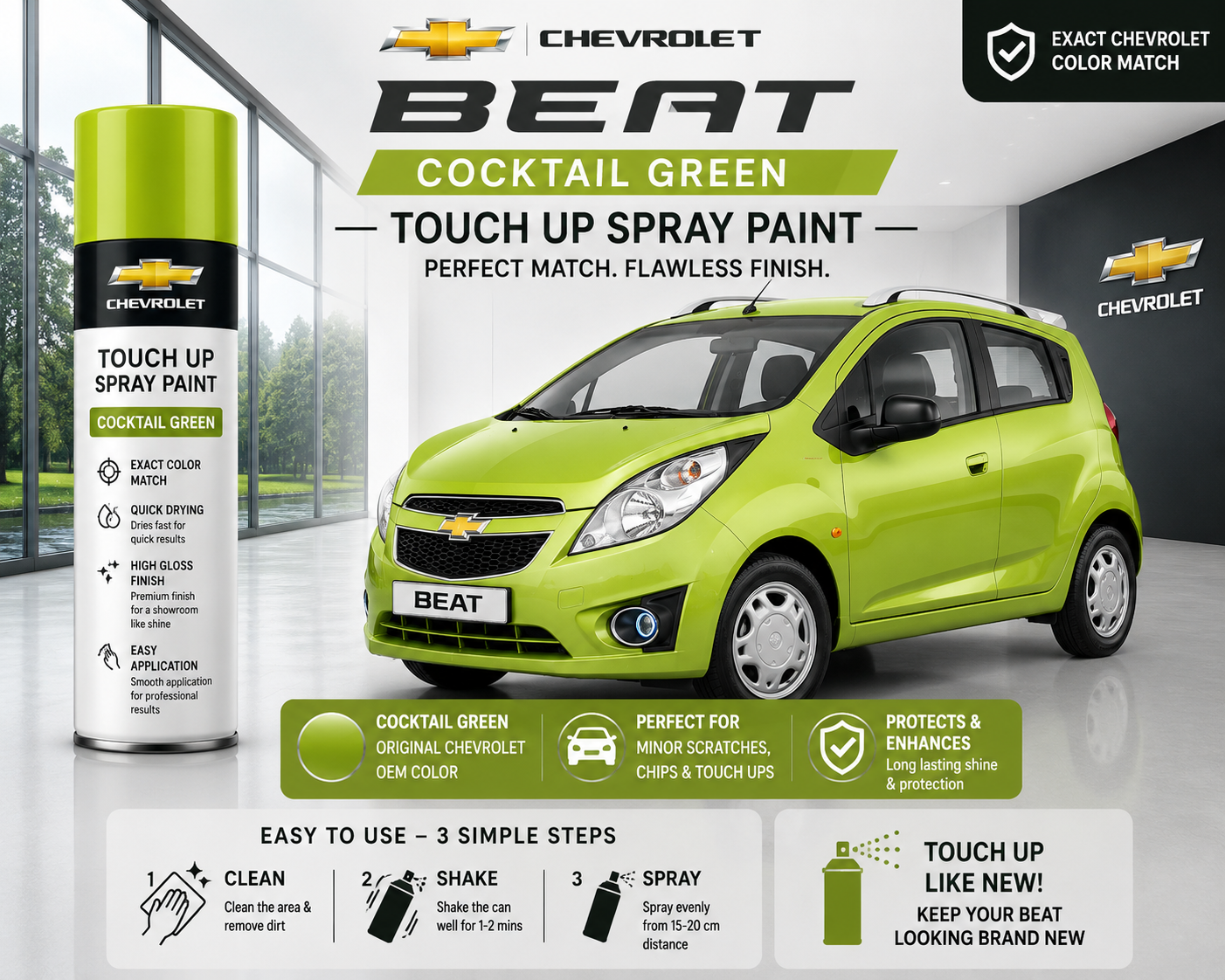 Chevrolet Beat Cocktail Green Touch Up Spray Paint | OEM Automotive Aerosol Paint for Scratch Repair
