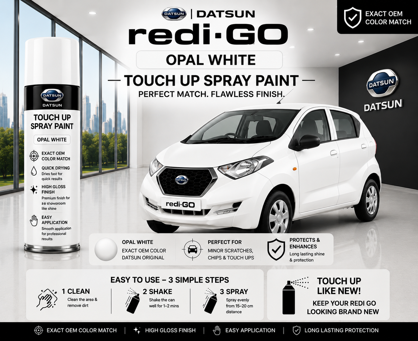 Datsun Redi-GO Opal White Touch Up Spray Paint – OEM Color Match