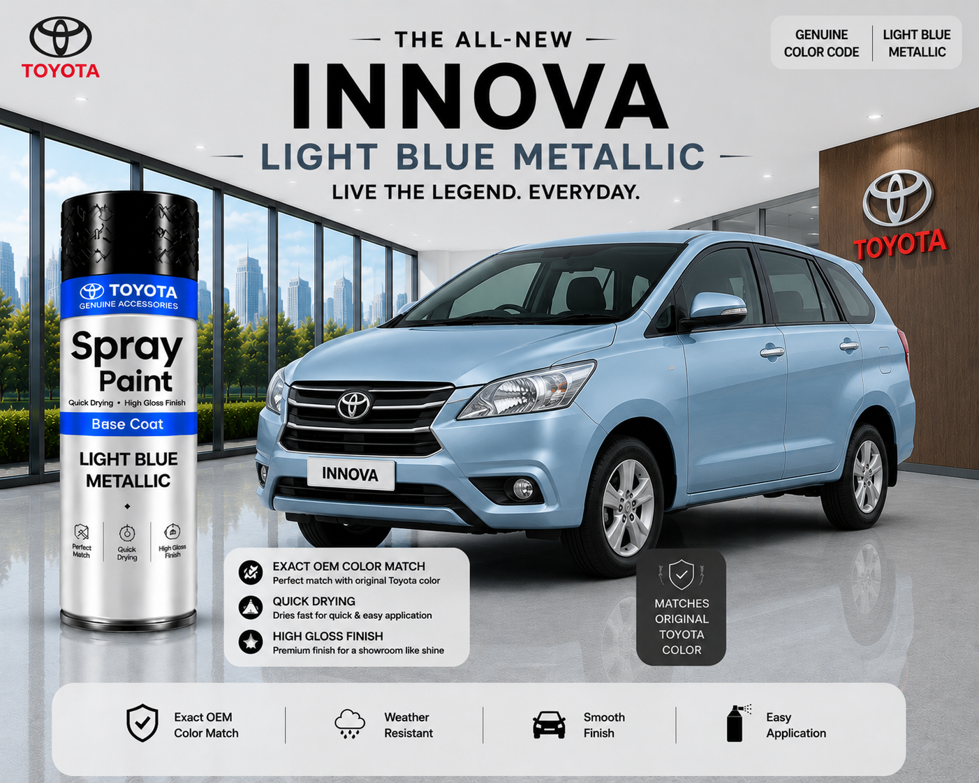 Toyota Innova Light Blue Metallic Touch Up Spray Paint | OEM Automotive Aerosol Paint for Scratch Repair