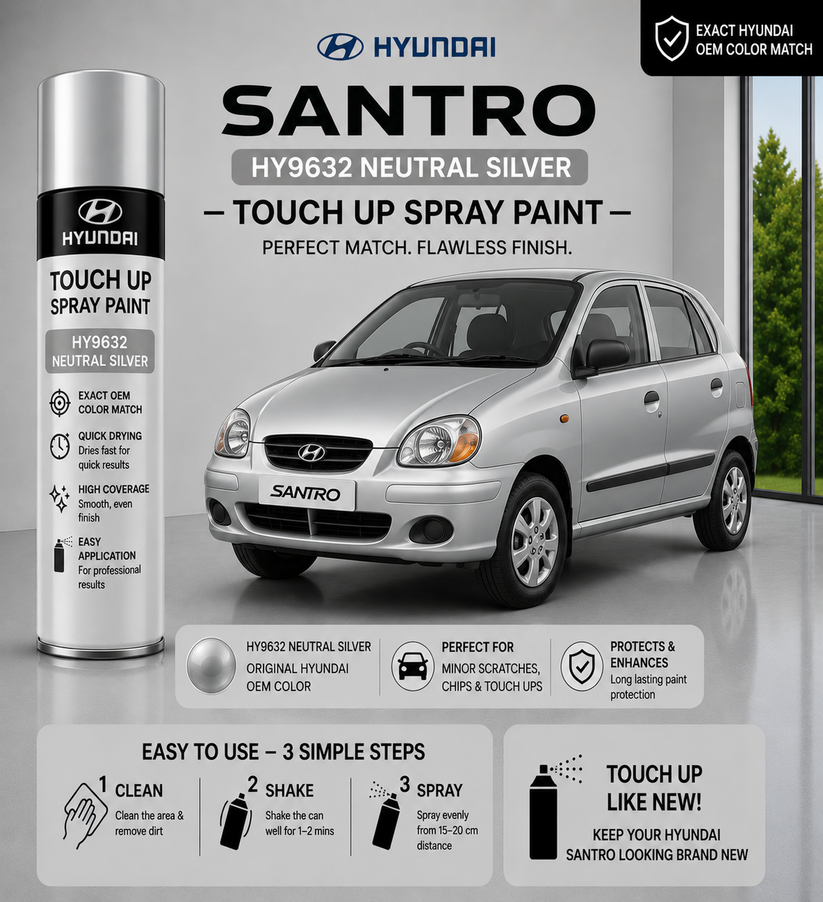 Hyundai Santro Neutral Silver (HY9632) Touch Up Spray Paint – OEM Color Match | LIHA Aerosols 500ml