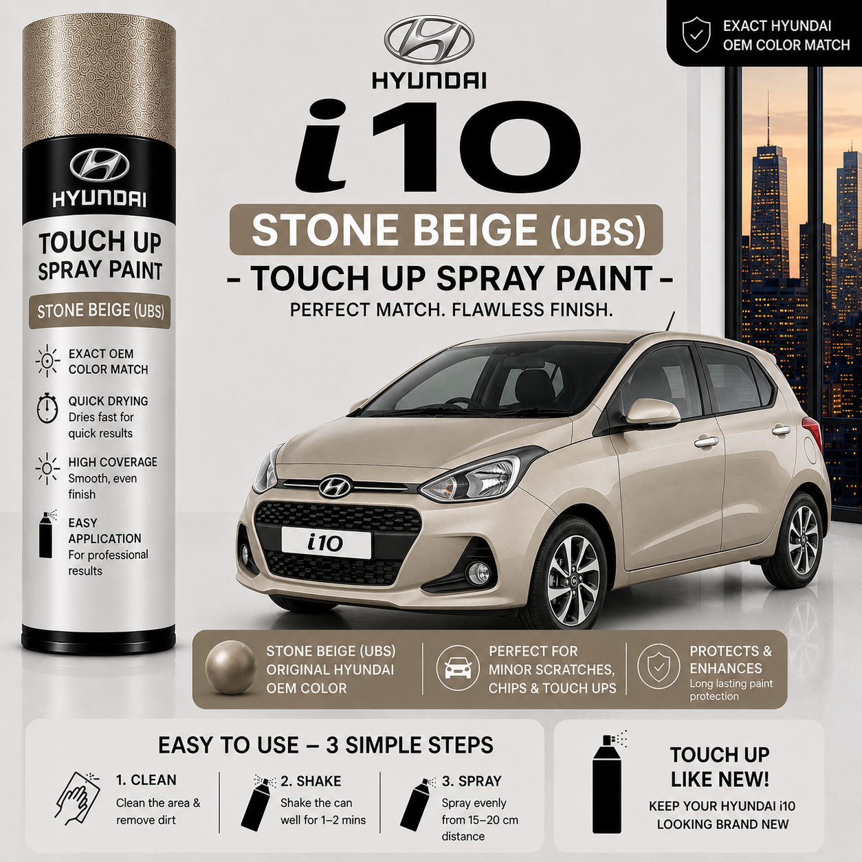 Hyundai i10 Stone Beige (UBS) Touch Up Spray Paint – OEM Color Match | LIHA Aerosols 500ml