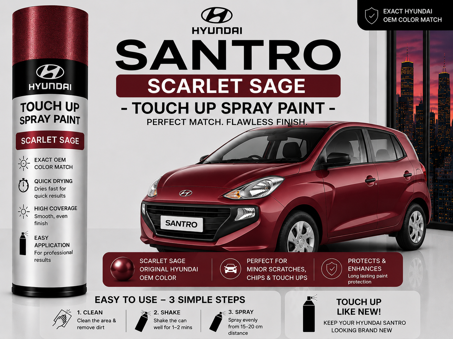 Hyundai Santro Scarlet Sage Touch Up Spray Paint – OEM Color Match | LIHA Aerosols 500ml