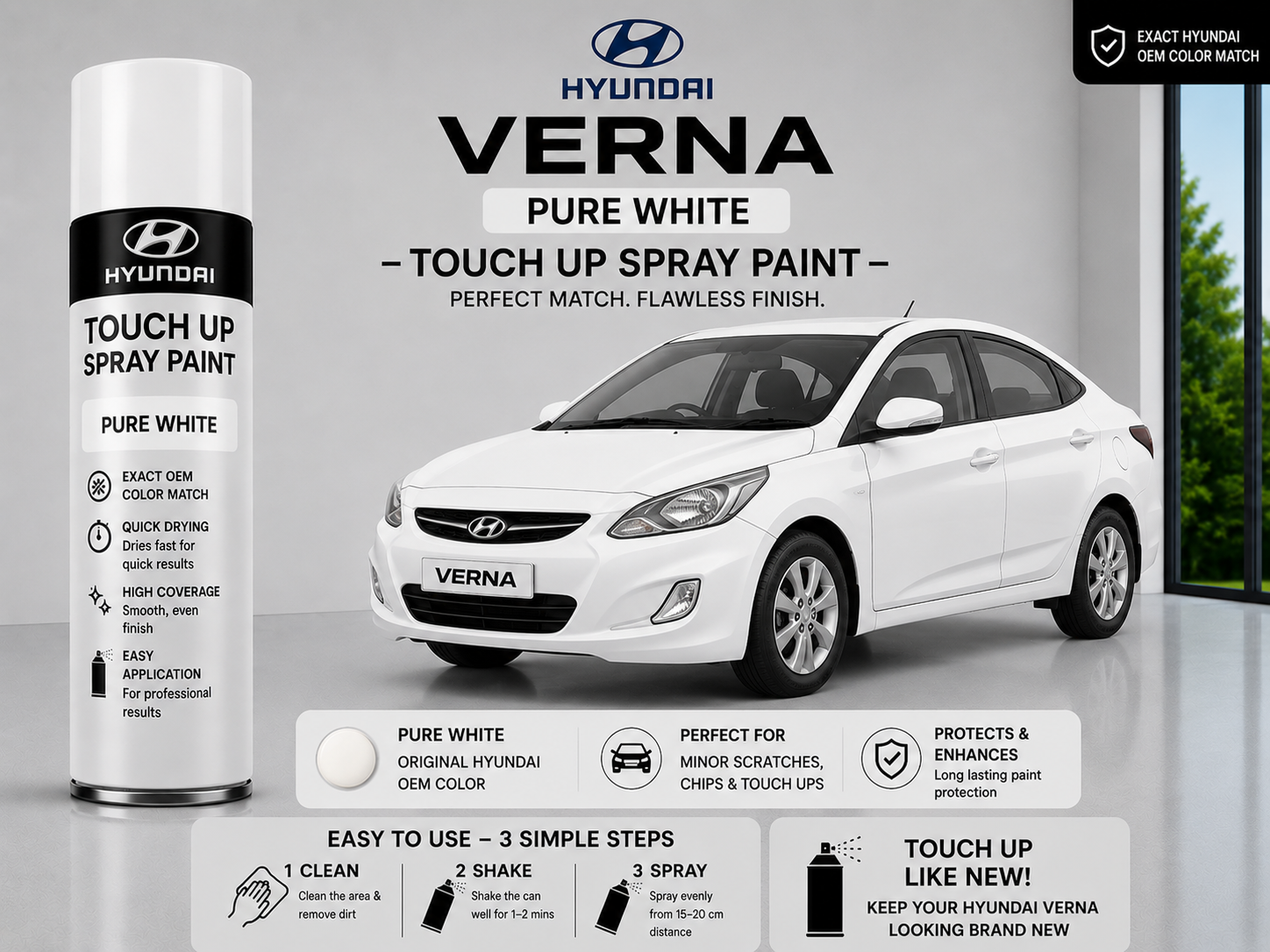 Hyundai Verna Pure White Touch Up Spray Paint – OEM Color Match | LIHA Aerosols 500ml