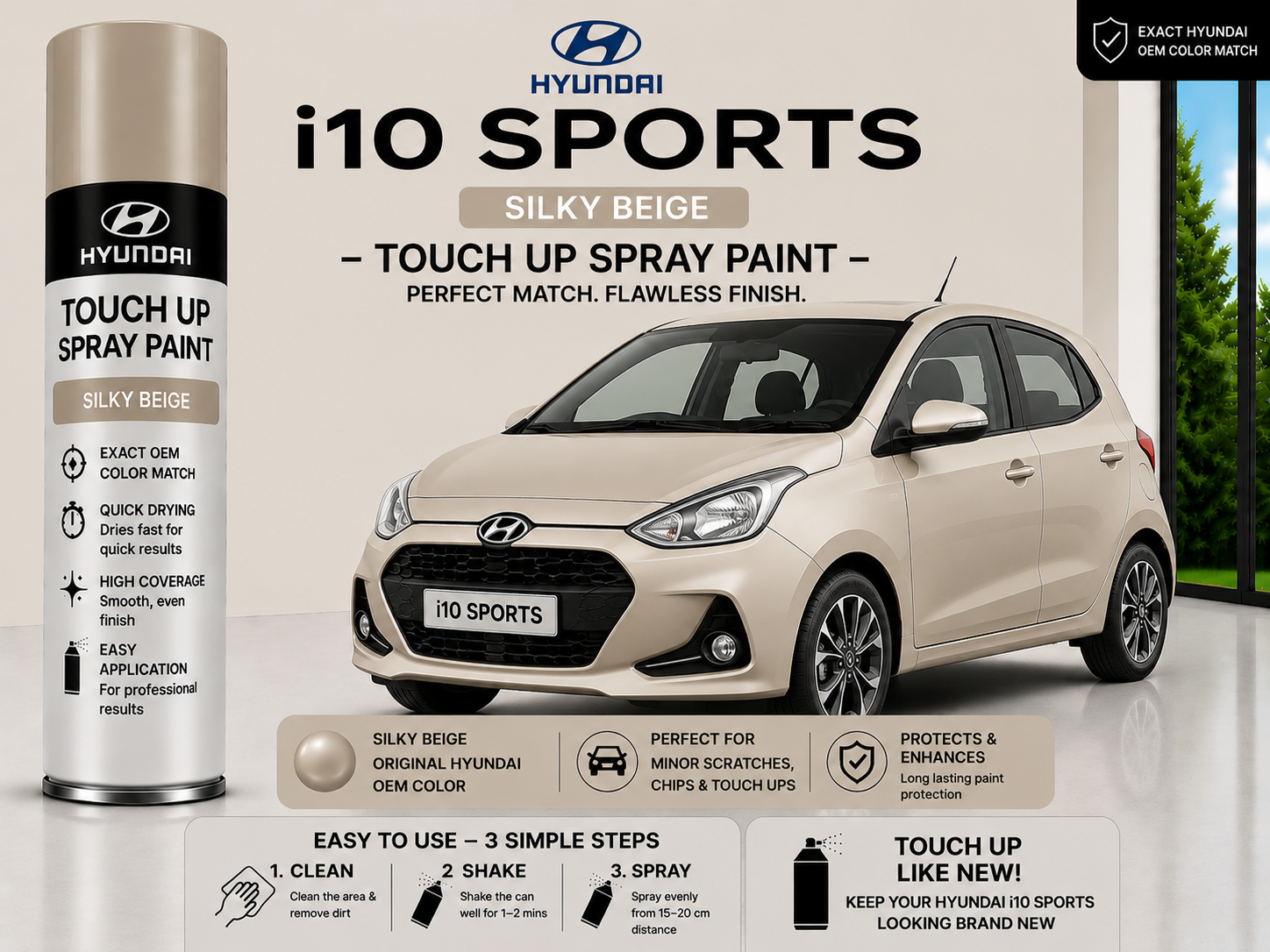 Hyundai i10 Sportz Silky Beige Touch Up Spray Paint – OEM Color Match | LIHA Aerosols 500ml