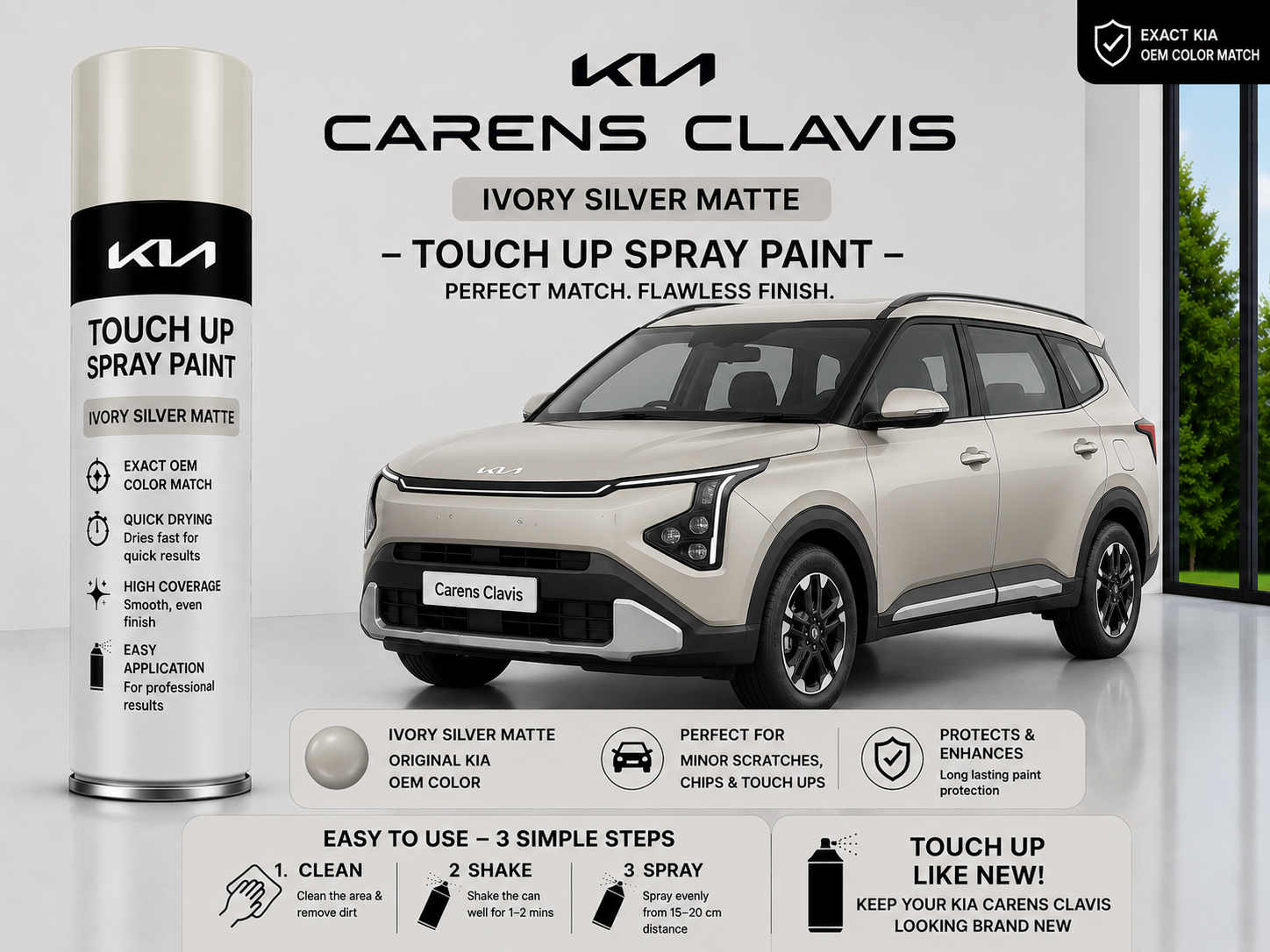 Kia Carens Clavis Ivory Silver Matte Touch Up Spray Paint – OEM Color Match | LIHA Aerosols 500ml