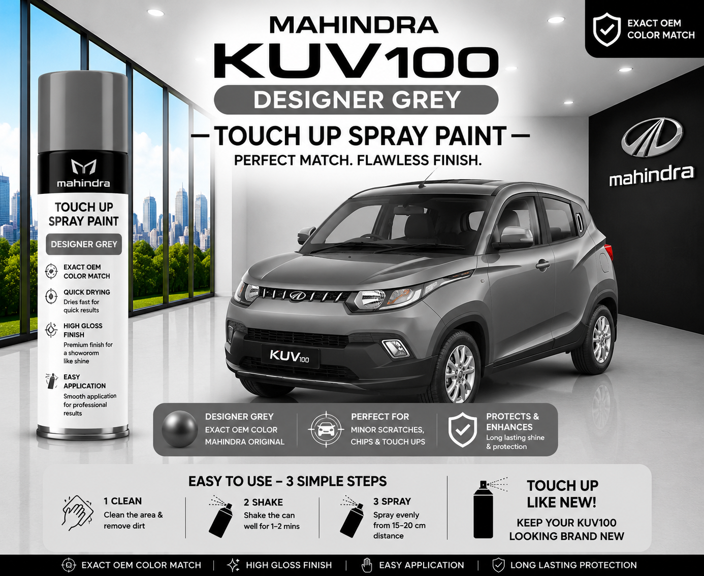 Mahindra KUV100 Designer Grey Touch Up Spray Paint – OEM Color Match | LIHA Aerosols 500ml
