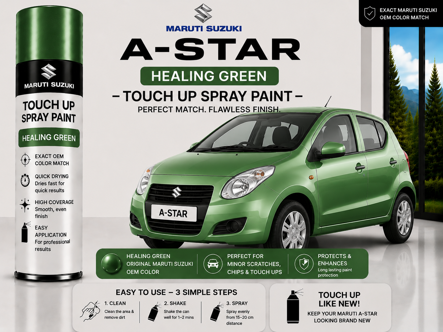 Maruti Suzuki A-Star Healing Green Touch Up Spray Paint – OEM Color Match | LIHA Aerosols 500ml