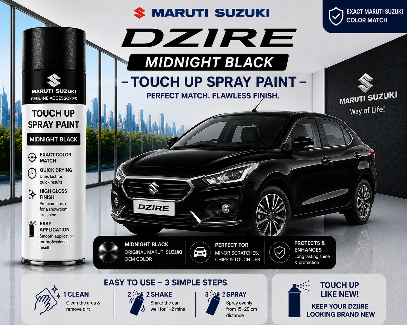 Maruti Suzuki Swift Dzire Midnight Black Touch Up Spray Paint | OEM Automotive Aerosol Paint for Scratch Repair
