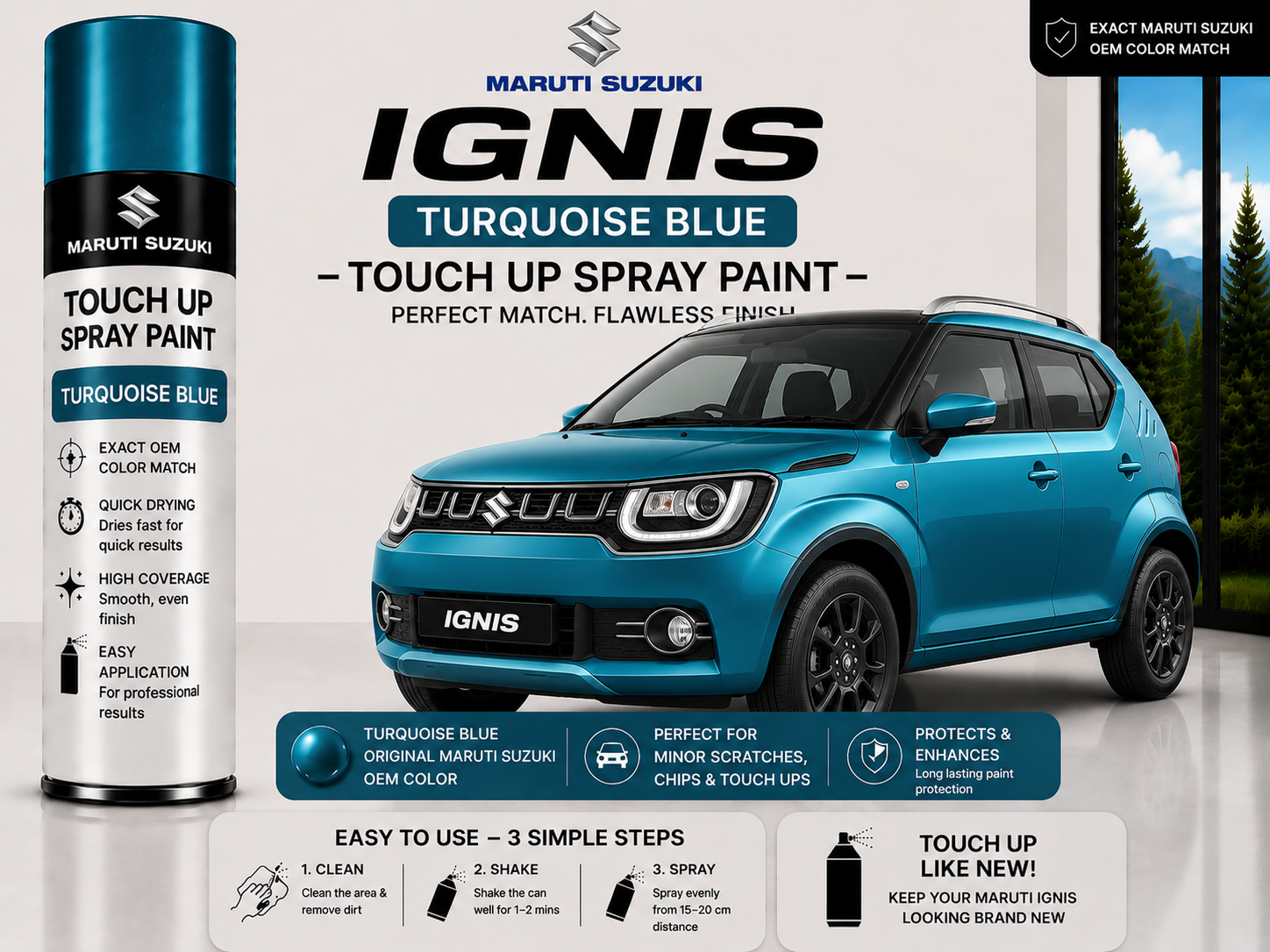 Maruti Suzuki Ignis Turquoise Blue Touch Up Spray Paint – OEM Color Match | LIHA Aerosols 500ml