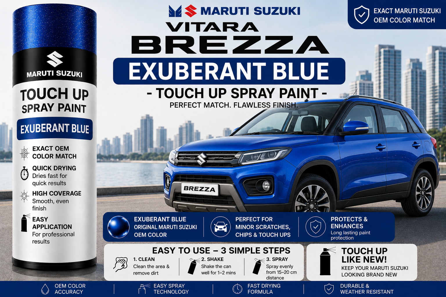 Maruti Suzuki Vitara Brezza Exuberant Blue Touch Up Spray Paint – OEM Color Match | LIHA Aerosols 500ml