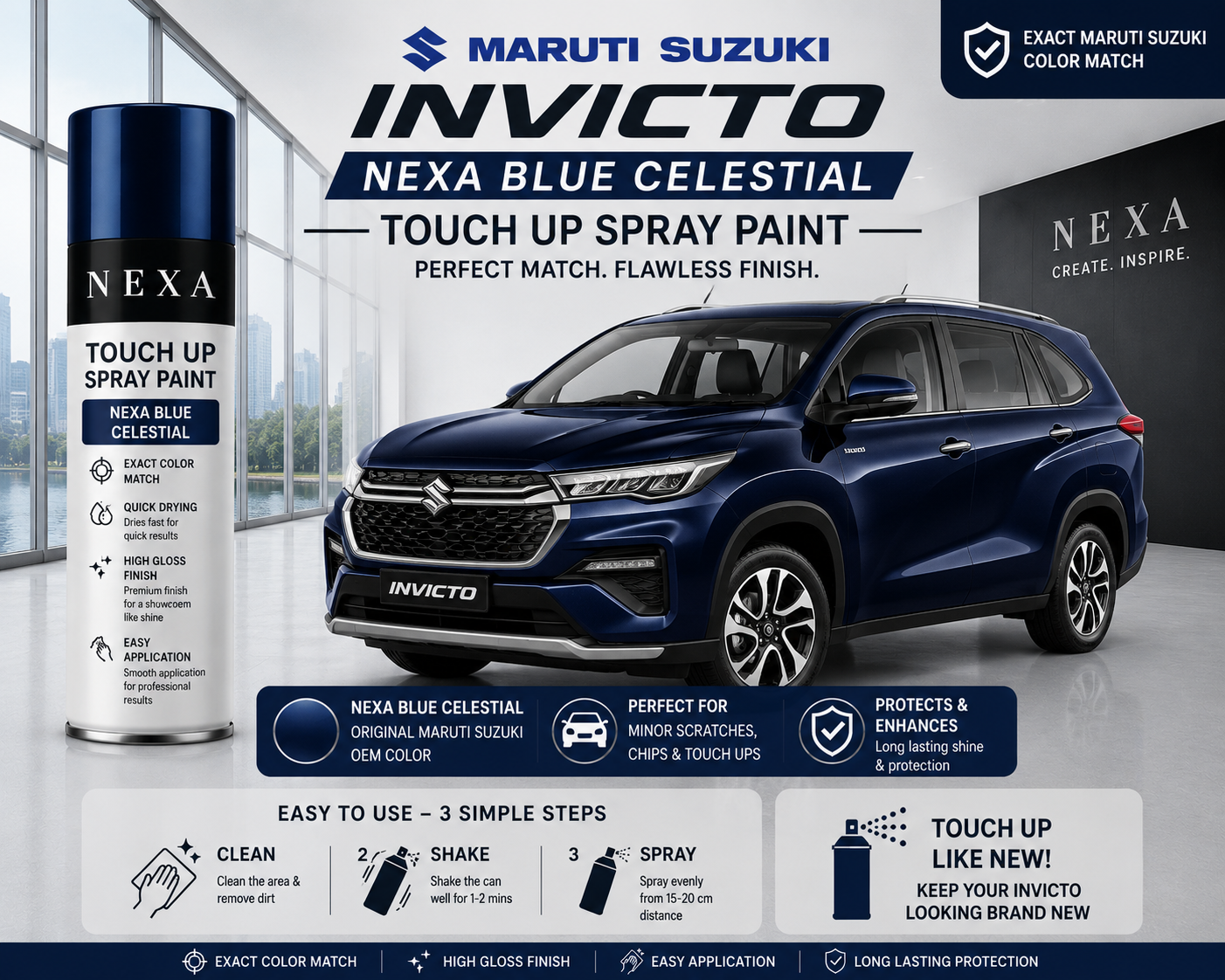 Maruti Suzuki Invicto Nexa Blue Touch Up Spray Paint | OEM Automotive Aerosol Paint for Scratch Repair