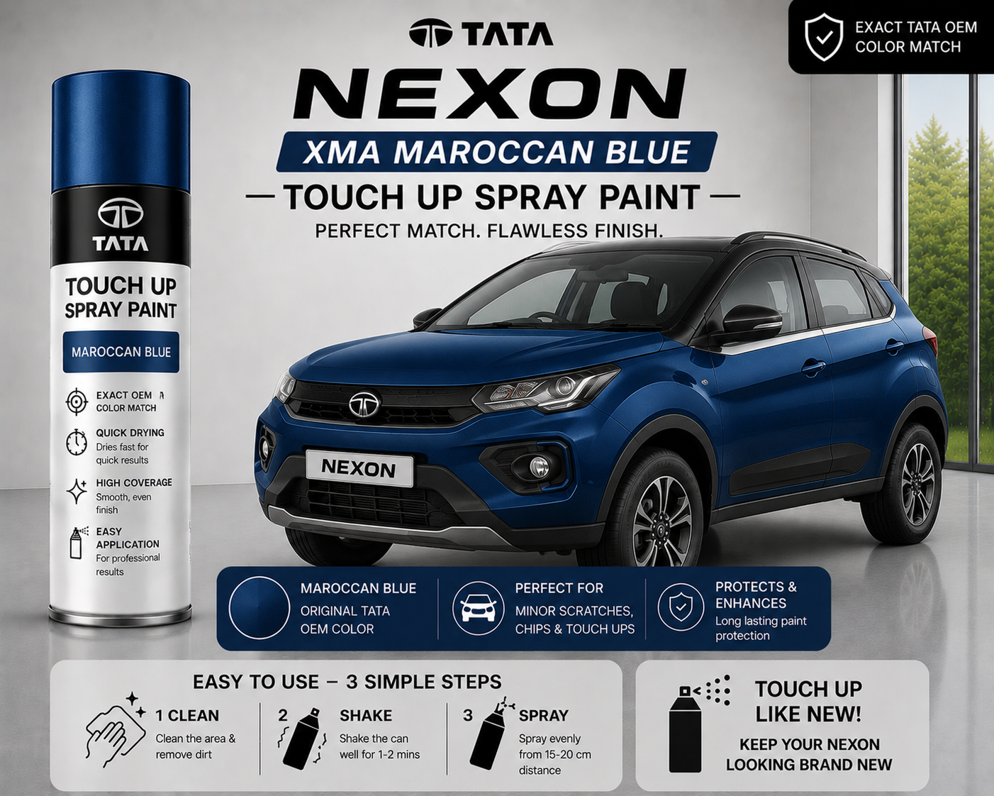 Tata Nexon Moroccan Blue Touch Up Spray Paint – OEM Color Match | LIHA Aerosols 500ml