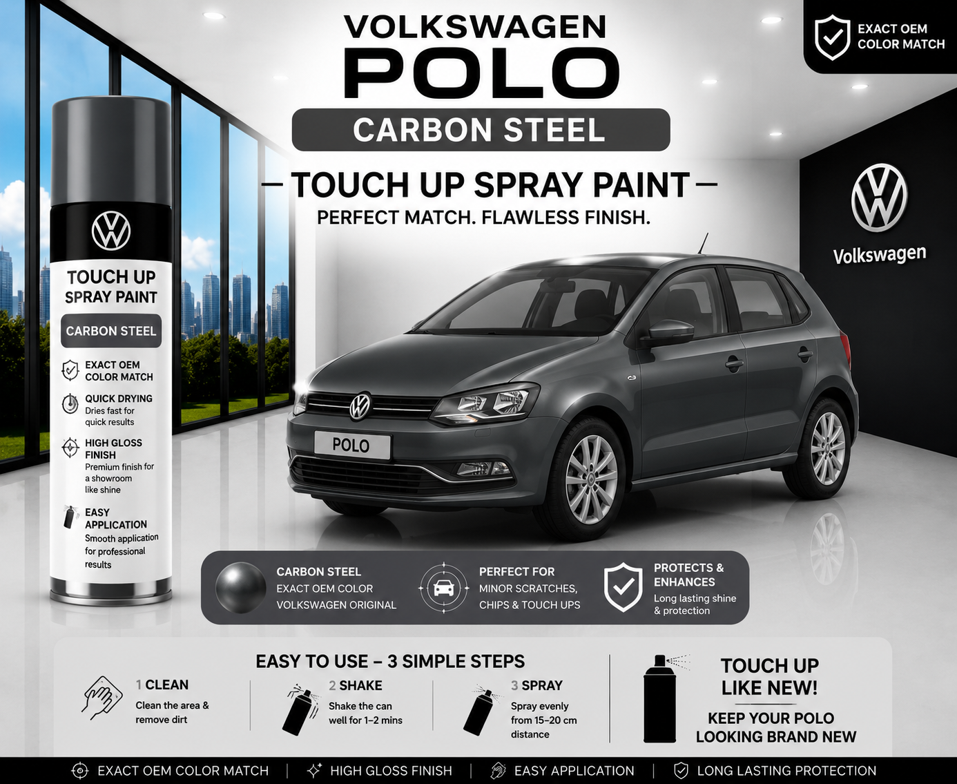 Volkswagen Polo Carbon Steel Metallic Touch Up Spray Paint – OEM Color Match | LIHA Aerosols 500ml