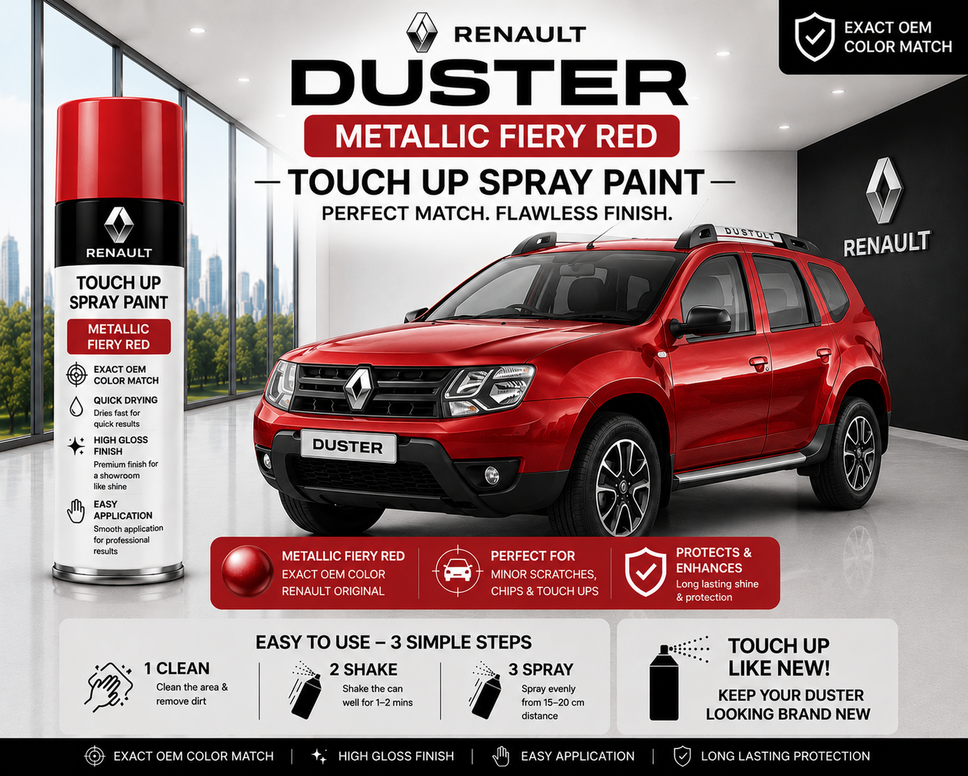 Renault Duster Metallic Fiery Red Touch Up Spray Paint – OEM Color Match