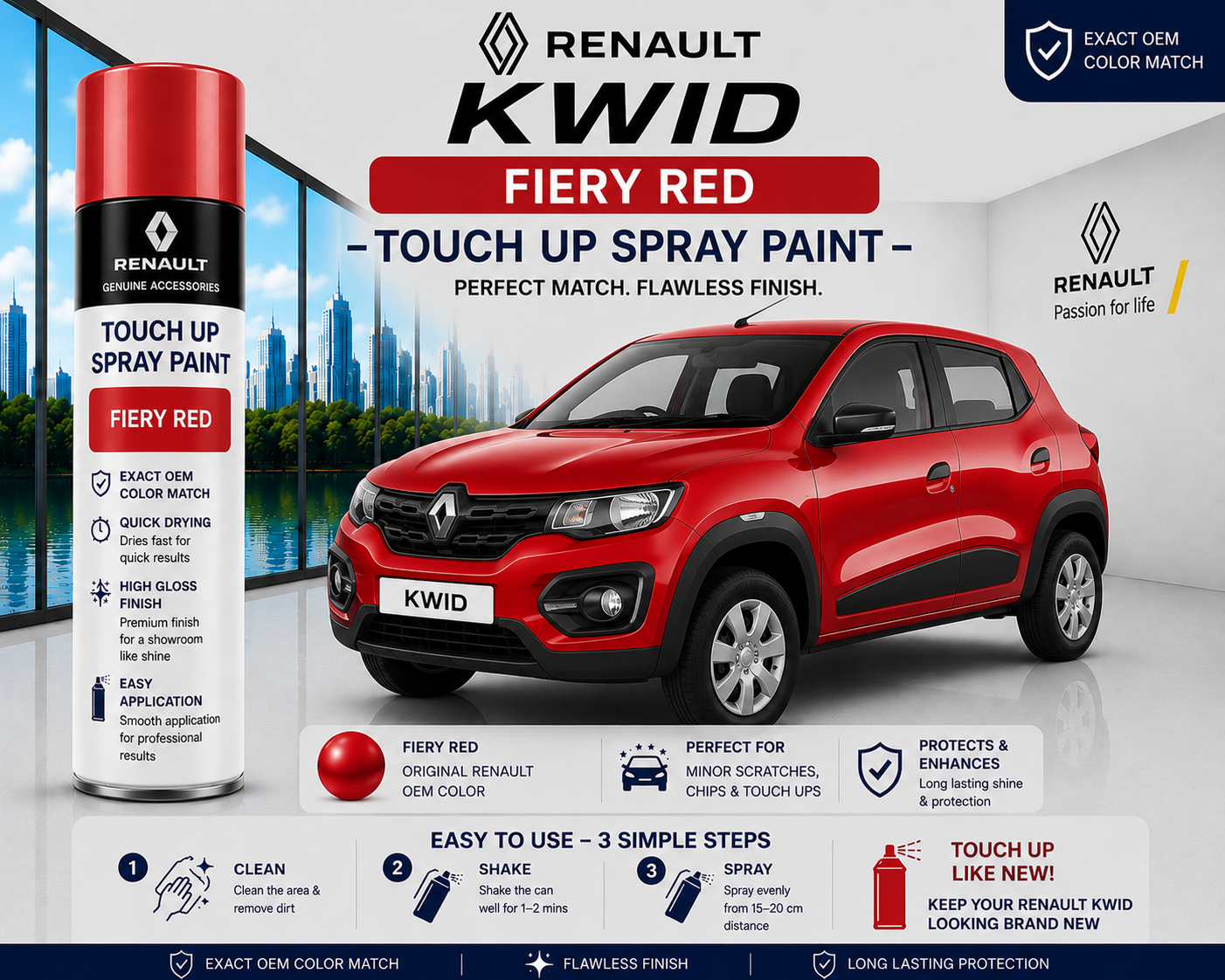 Renault Kwid Fiery Red Touch Up Spray Paint | OEM Automotive Aerosol Paint for Scratch Repair