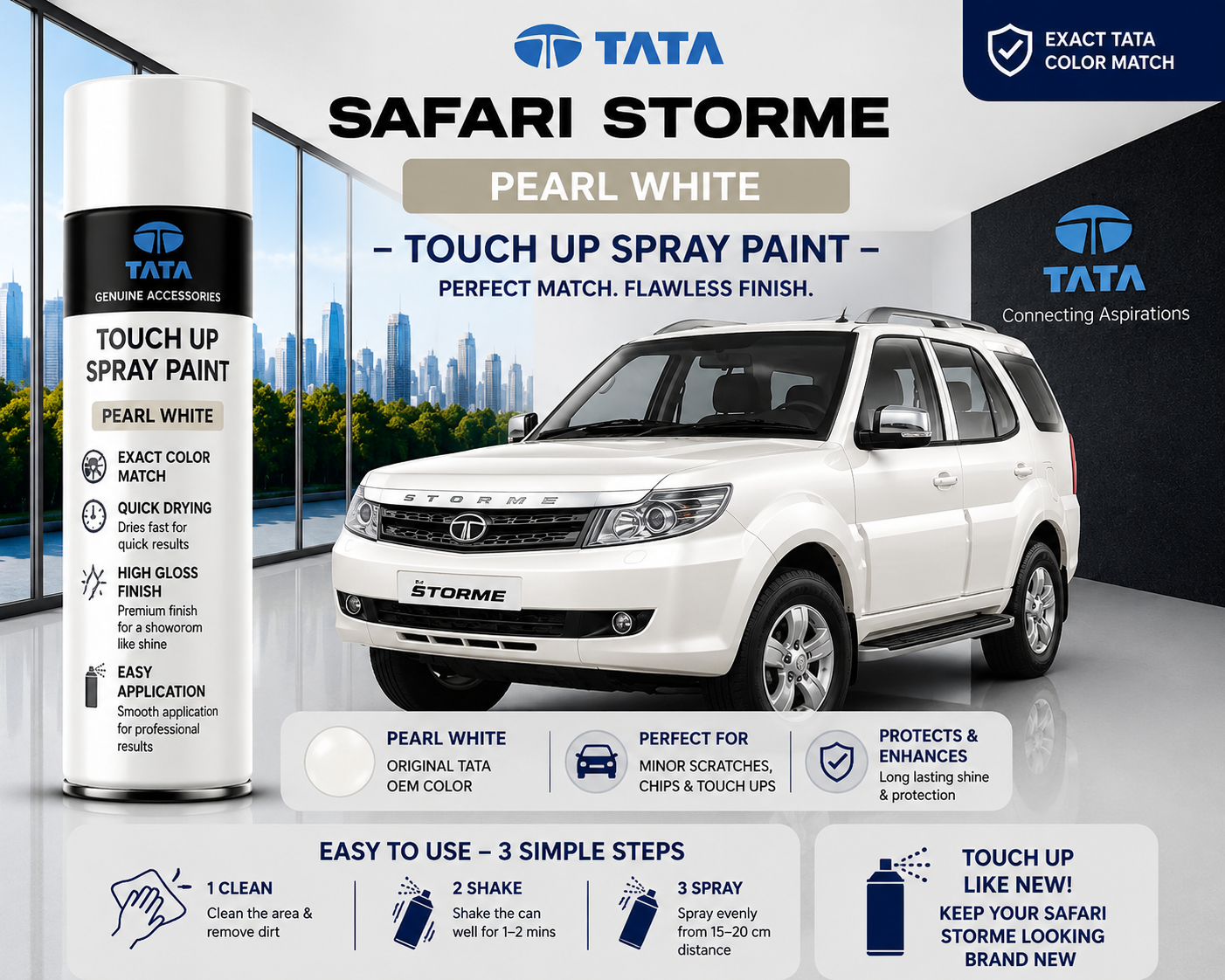 Tata Safari Storme Pearl White Touch Up Spray Paint | OEM Automotive Aerosol Paint for Scratch Repair