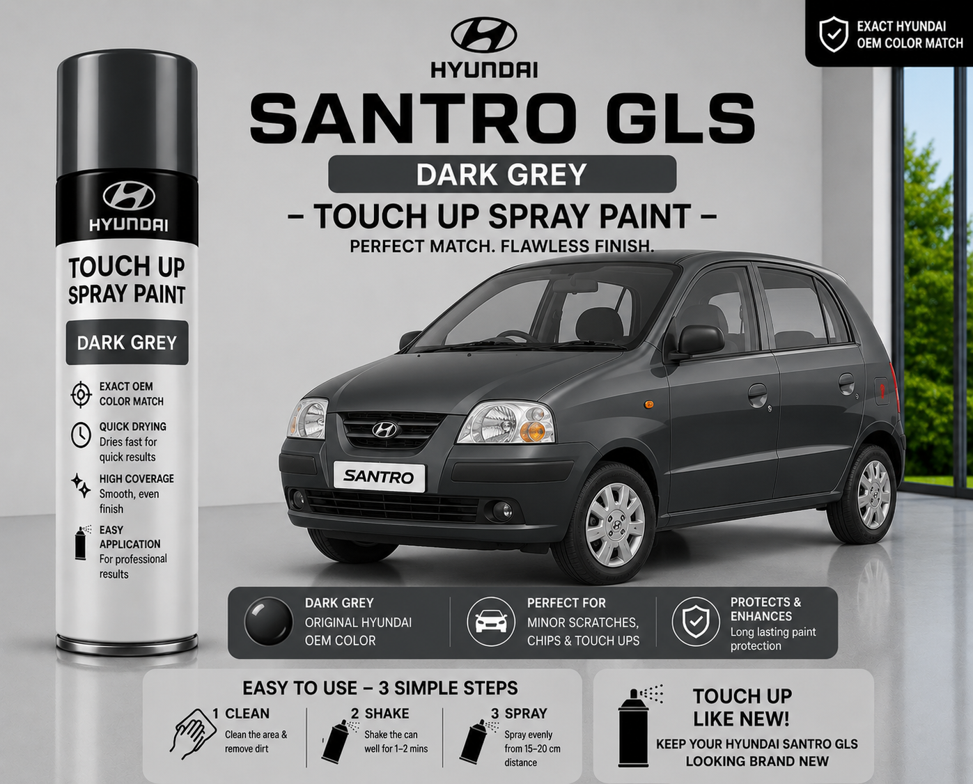 Hyundai Santro GLS Dark Grey Touch Up Spray Paint – OEM Color Match | LIHA Aerosols 500ml
