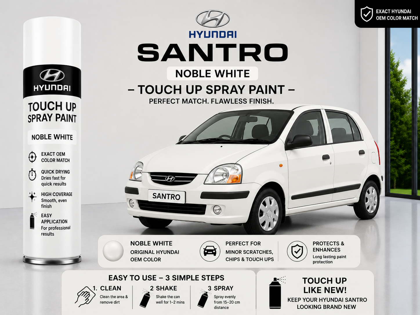 Hyundai Santro Noble White Touch Up Spray Paint – OEM Color Match | LIHA Aerosols 500ml