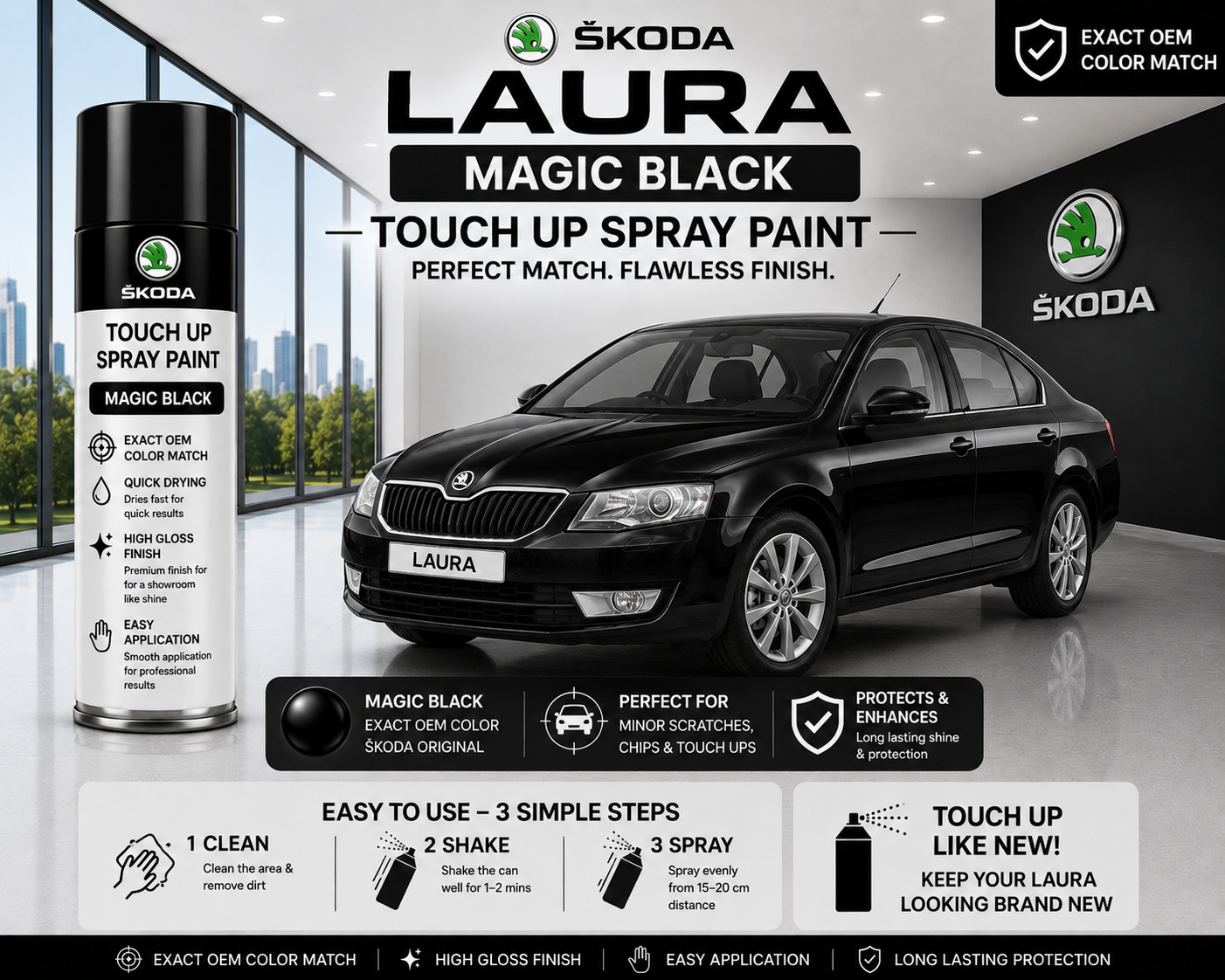 Skoda Laura Magic Black Touch Up Spray Paint – OEM Color Match