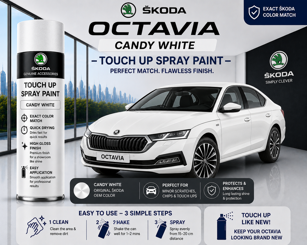 Skoda Octavia Candy White Touch Up Spray Paint | OEM Automotive Aerosol Paint for Scratch Repair