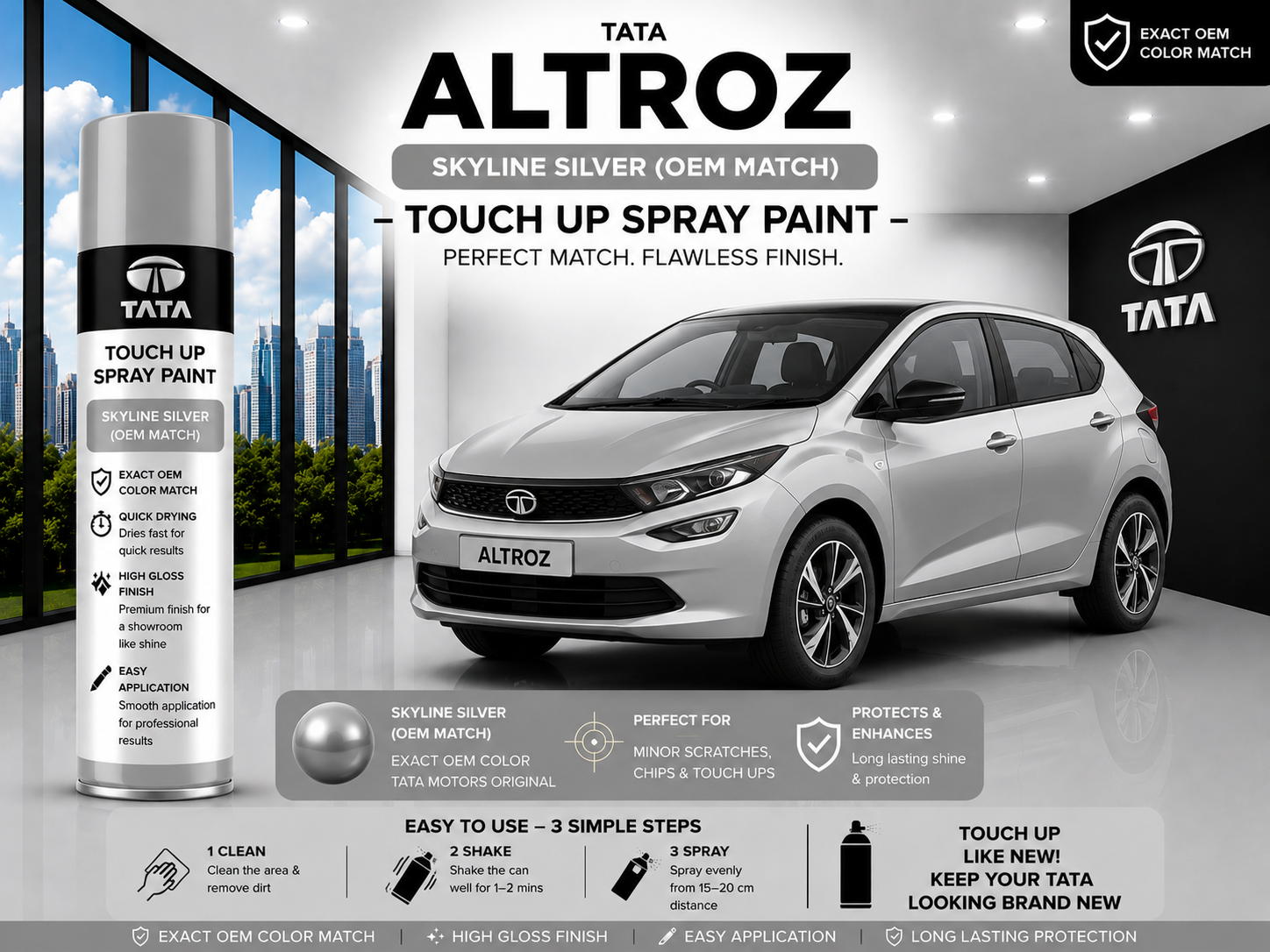 Tata Altroz Skyline Silver Touch Up Spray Paint – OEM Color Match | LIHA Aerosols 500ml