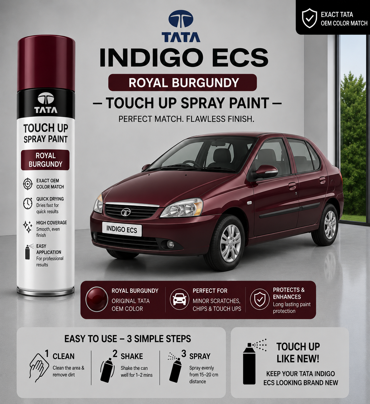 Tata Indigo eCS Royal Burgundy Touch Up Spray Paint – OEM Color Match | LIHA Aerosols 500ml