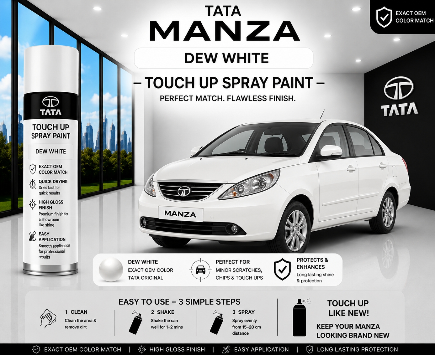 Tata Manza Dew White Touch Up Spray Paint – OEM Color Match | LIHA Aerosols 500ml