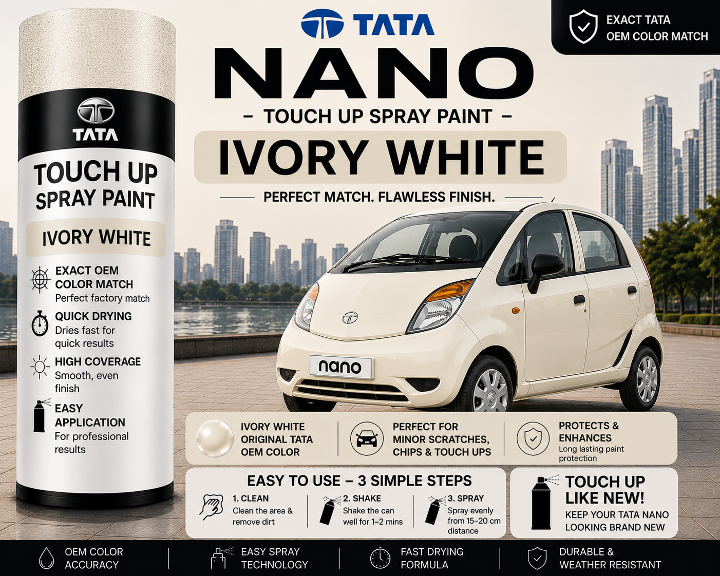 Tata Nano Ivory White Touch Up Spray Paint – OEM Color Match | LIHA Aerosols 500ml