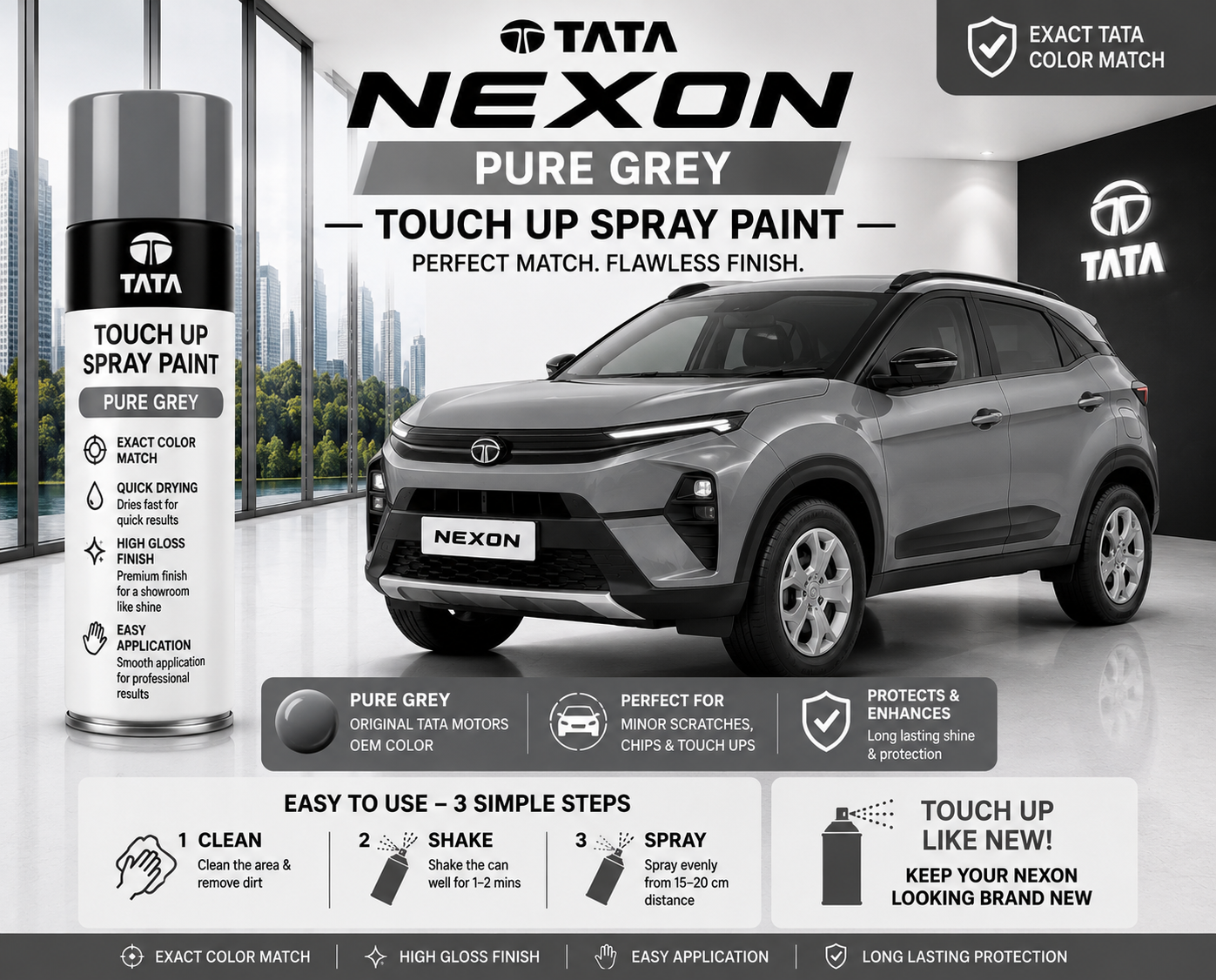 Tata Nexon Pure Grey Touch Up Spray Paint – OEM Color Match