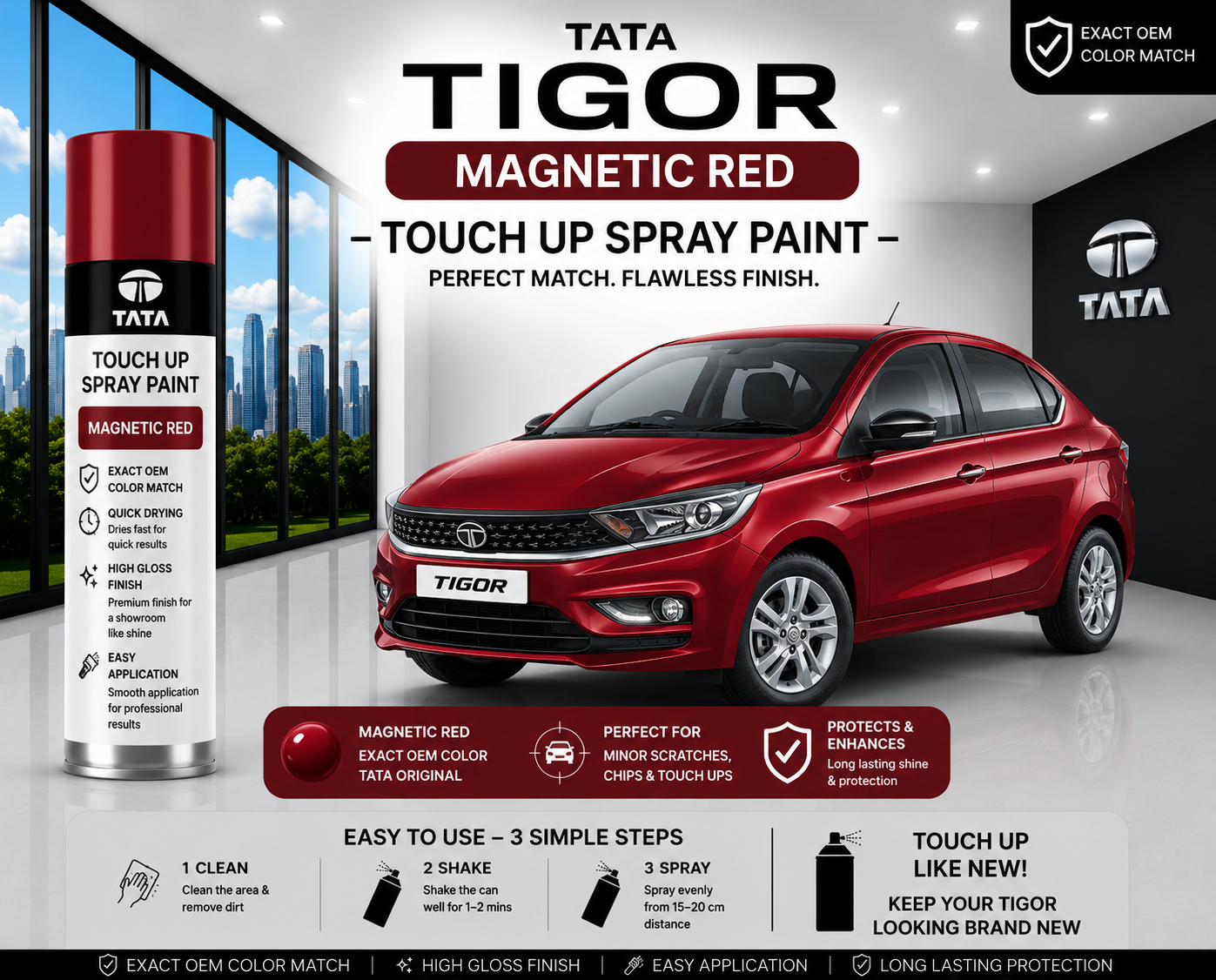Tata Tigor Magnetic Red Touch Up Spray Paint – OEM Color Match | LIHA Aerosols 500ml