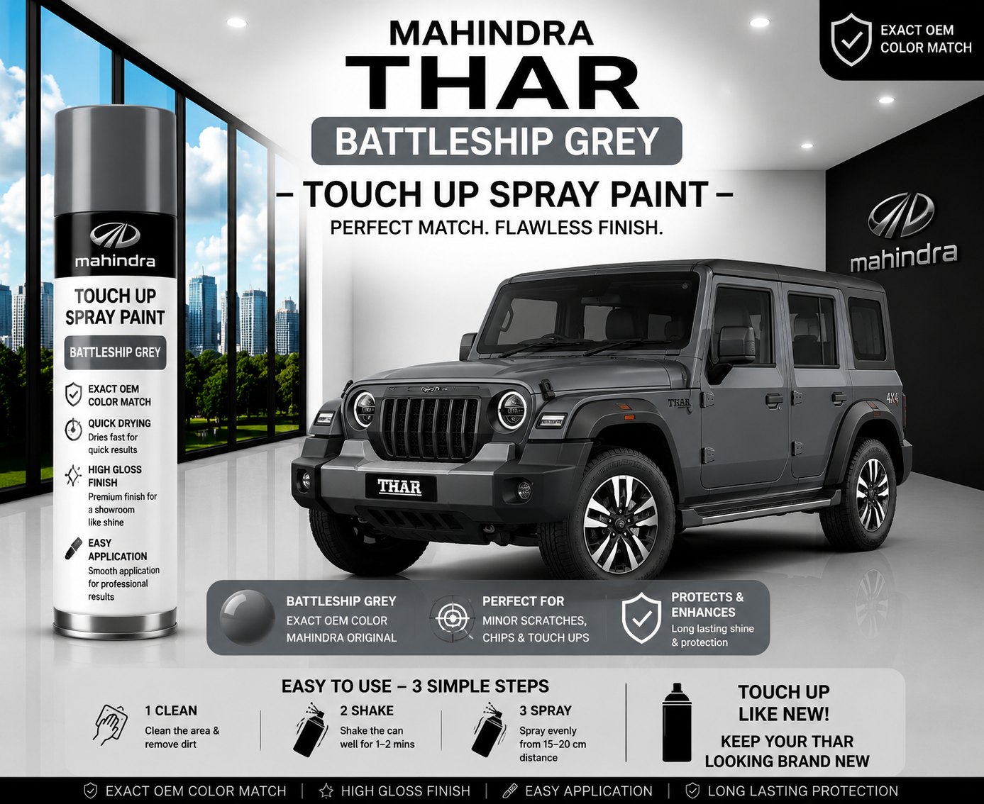 Mahindra Thar ROXX Battleship Grey Touch Up Spray Paint – OEM Color Match | LIHA Aerosols 500ml