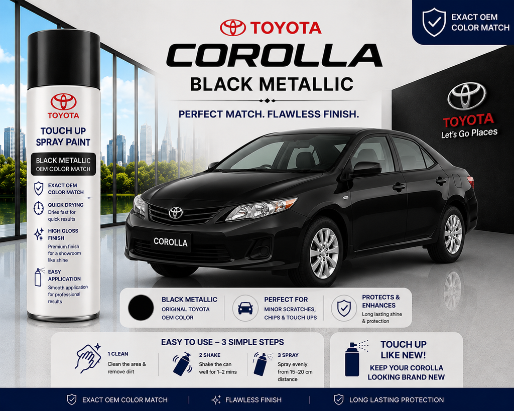Toyota Corolla Black Metallic Touch Up Spray Paint | OEM Automotive Aerosol Paint for Scratch Repair