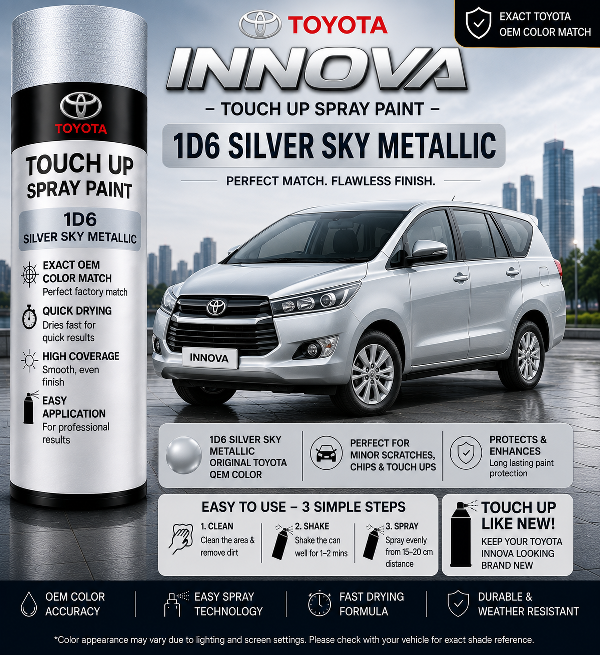 Toyota Innova Silver Sky Metallic (1D6) Touch Up Spray Paint – OEM Color Match | LIHA Aerosols 500ml