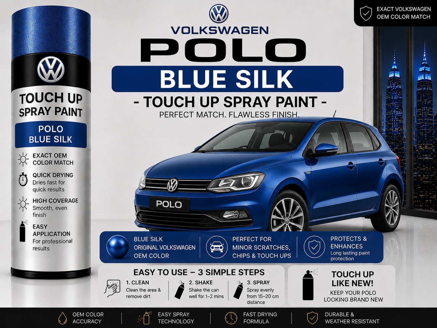 Volkswagen Polo Blue Silk Touch Up Spray Paint – OEM Color Match | LIHA Aerosols 500ml