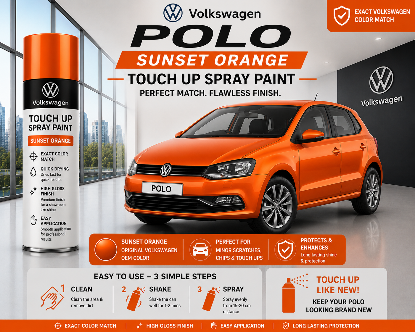 Volkswagen Polo Sunset Orange Touch Up Spray Paint | OEM Automotive Aerosol Paint for Scratch Repair  Correct OEM Shade Name