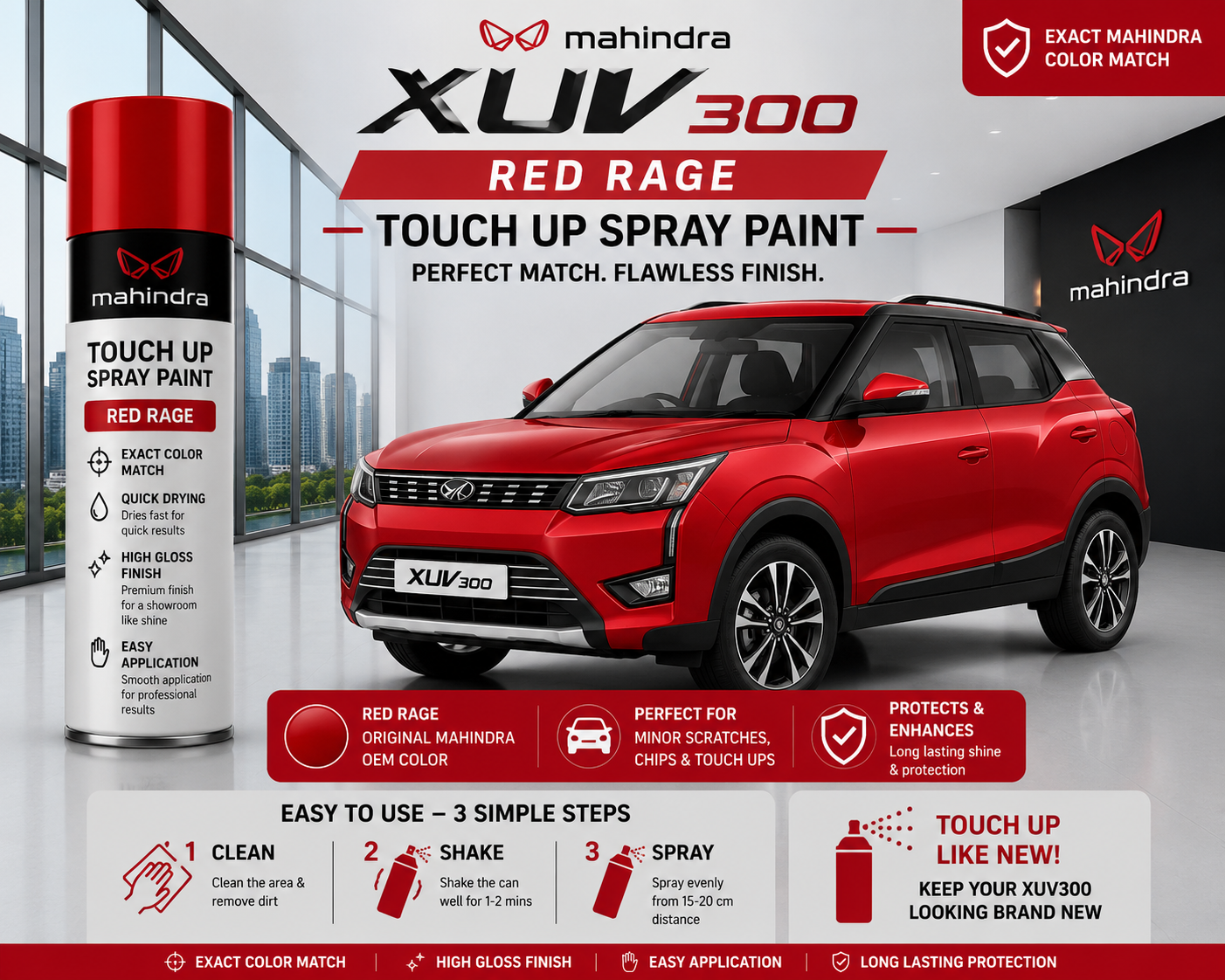 Mahindra XUV300 Rage Red Touch Up Spray Paint | OEM Automotive Aerosol Paint for Scratch Repair